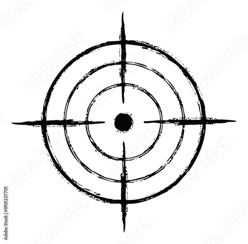 Distressed target symbol with rough black lines and central bullseye representing focus, aiming, and success, suitable for various graphic resources, gaming, or strategic themes.