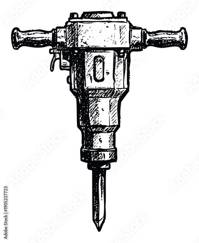 Heavy duty jackhammer equipment for demanding demolition and industrial construction work depicted in a classic hand drawn style for various media applications