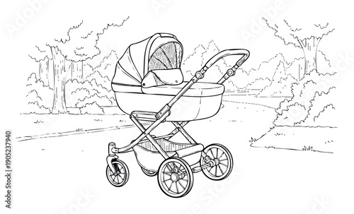 A classic baby stroller parked on a pathway surrounded by trees and bushes in a park, perfect for a childrens coloring book or familythemed projects.