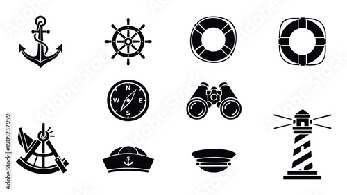 Collection of nautical and marine navigation symbols, perfect for maritime adventure themed graphics, sailing club branding, or ocean travel education materials