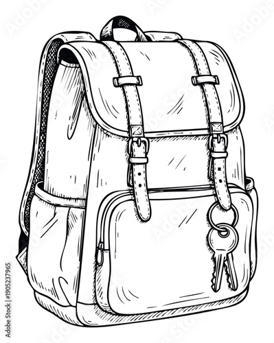 A handdrawn sketch of a classic school backpack featuring buckle straps and keys, suitable for educational product branding or travel blog content.