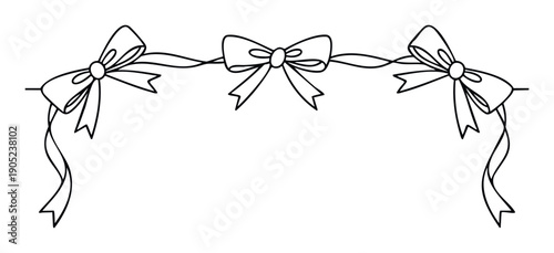 Elegant hand drawn outline bows connected by a delicate line create a charming decorative border perfect for wedding invitations, greeting cards, or festive event designs.