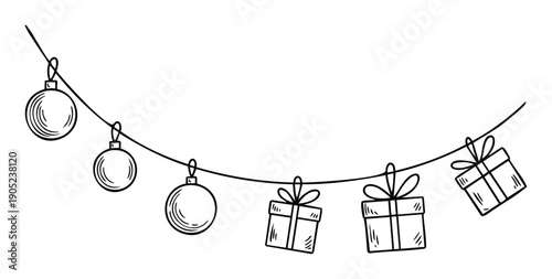 Festive hand drawn garland featuring Christmas ornaments and gift boxes hanging on a string, perfect for holiday season event promotions and celebratory graphic elements.