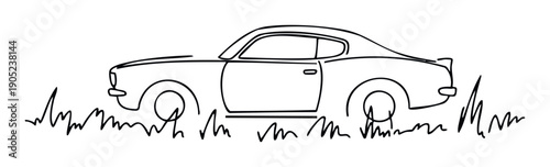 Continuous line drawing of a classic vintage sports car parked in natural grass, suitable for automotive hobbyist publications, nostalgic travel concepts, or minimalist graphic