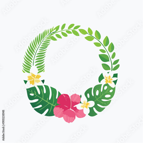 Tropical Floral Wreath Frame with Hibiscus, Plumeria and Monstera Leaves Illustration