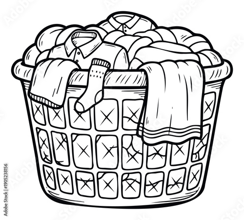 Simple line drawing of a laundry basket filled with clothes, representing household duties and textile care for various graphic applications and printable coloring pages