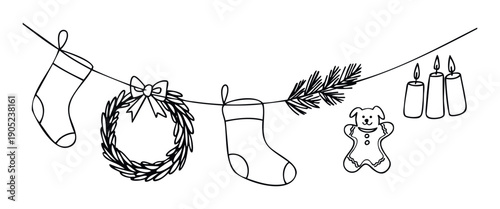 Hand drawn black outline Christmas decorations garland with stockings, festive wreath, pine branch, gingerbread dog cookie, and burning candles perfect for holiday season graphic projects