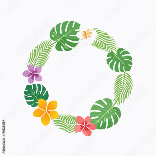 Tropical floral wreath with monstera leaves and frangipani blossoms, perfect summer decoration