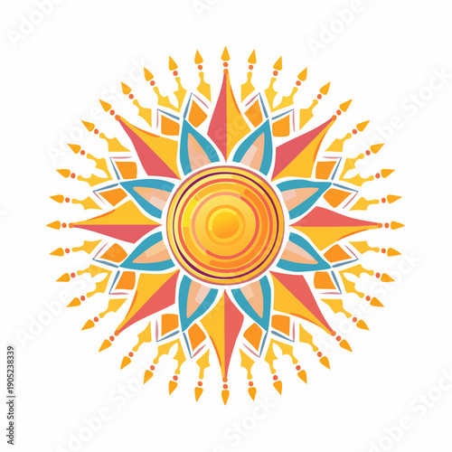 Vibrant geometric sunburst design with radial symmetry and warm color palette