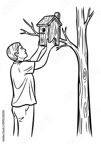Man hanging birdhouse on tree trunk showing care for nature and wildlife conservation suitable for environmental education or outdoor activity guides
