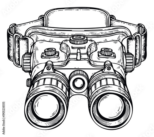 Classic black and white engraving style depicting night vision goggles with a head strap, ideal for military history themes, spy thriller projects, or outdoor adventure graphics