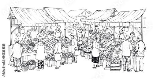 Busy marketplace scene with numerous people browsing and buying fresh produce from vendors at fruit and vegetable stalls under tents, useful for themes of local commerce and healthy food.