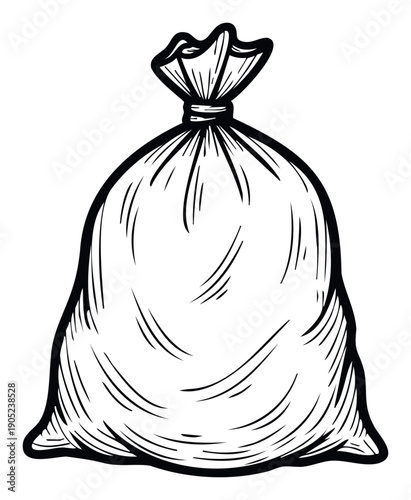 Monochromatic line art of a full sack, suitable for conveying ideas of packaging, refuse, or supplies in a simple and clear visual style for various graphic projects.