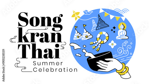 songkran thai summer celebration modern style banner. thailand water splash poster design illustration. hand holding pouring water bucket and thai icon symbol element filled outline
