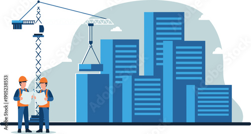 Urban Construction Site Vector Illustration with Engineers, Cranes, and Modern City Buildings Under Development