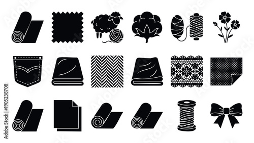 Comprehensive collection of textile and fabric industry icons featuring various materials like wool, cotton, linen, and lace, perfect for fashion manufacturing or craft related projects