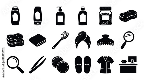 Comprehensive collection of spa and beauty salon essential tools and hygiene products perfect for wellness center branding, beauty service promotion, and personal care graphic applications