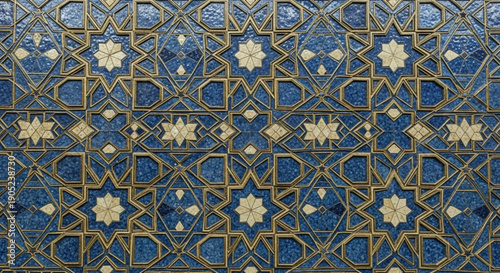 Intricate blue and gold geometric tile pattern with floral motifs and ornate designs