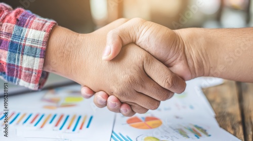 Close Up of Two Hands Shaking in Agreement Over Business Documents and Financial Reports on a Table