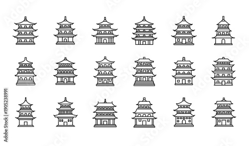 Chinese New Year pagoda line icons with editable stroke for web and stores