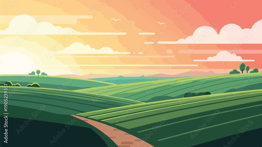 Obraz premium Pixelated illustration of a sunlit landscape with rolling green hills