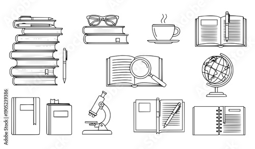 Modern line icon pack of items over books with editable stroke