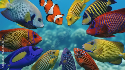 Circle of Vibrant Tropical Reef Fish Underwater