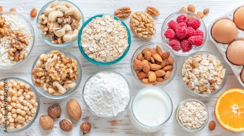 Variety of Healthy Cooking Ingredients Including Nuts, Grains, Berries, Eggs and Fresh Orange on Rustic Table
