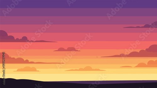 Pixelated illustration of a sunset with clouds above a dark horizon