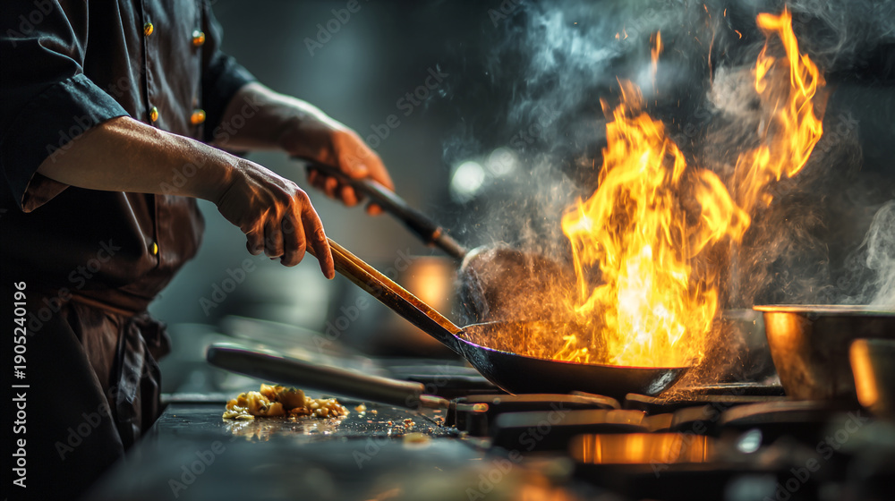 Fototapeta premium Dynamic close-up of chef wok-cooking with intense flames in professional kitchen