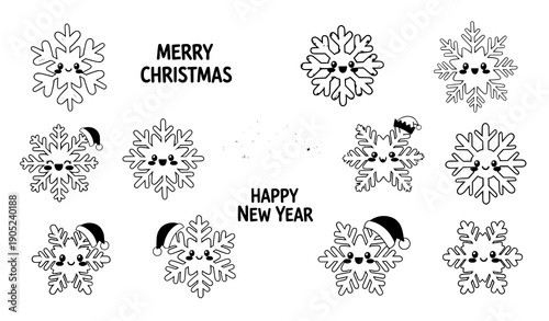 Cartoon snowflake icons collection for Merry Christmas and Happy New Year