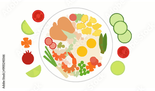 Flat top view Thai Khao Pad fried rice illustration for menu and food design