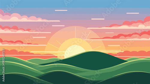 Pixelated landscape of hills, sunset, and clouds in a serene environment