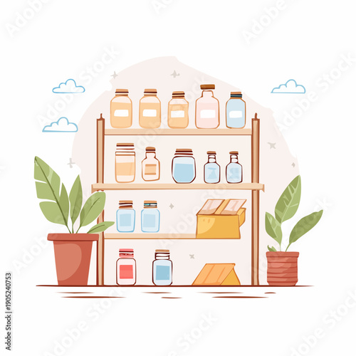 Shelves with various jars and containers displayed with potted plants on either side viewed from the front in a minimalist environment