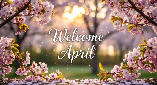 Spring Cherry Blossoms Frame with Welcome April Message in Soft Focus, Blossoming, Delicate, Springtime, April, Seasonal, Greeting, Scenery, Celebrate