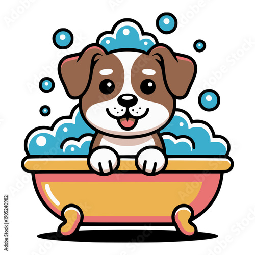 Playful Puppy Bath Time: An adorable puppy revels in bath time, surrounded by bubbly suds and exuding pure joy and a happy mood.