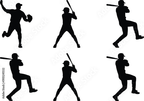 Baseball player silhouette, fielding and batting poses, action set