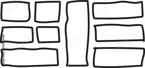 A collection of nine black outlined rectangular shapes on a white background