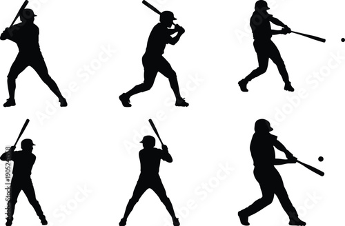 Baseball player silhouettes in action, batting and swinging