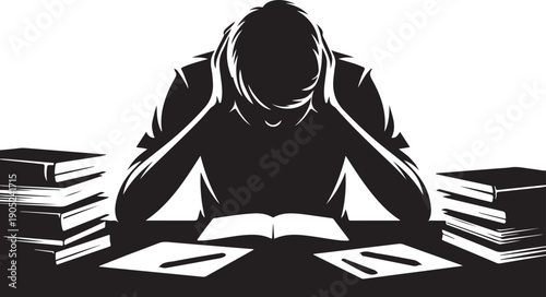 Person Studying with Books and Headphones in Black and White