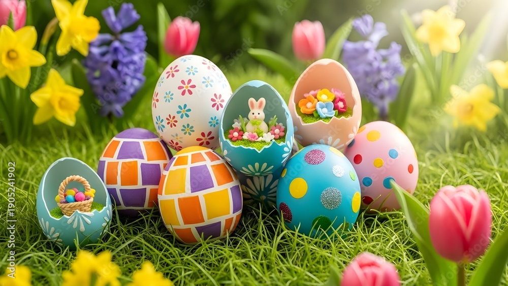 Fototapeta premium Colorful easter eggs and flowers in a grassy field