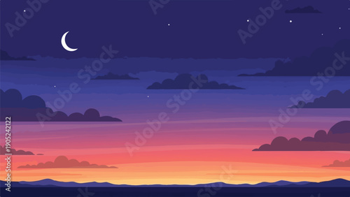 Pixelated night sky with moon, stars, and colorful sunset