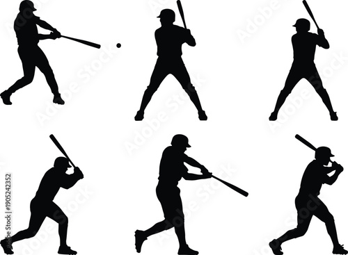 Baseball player silhouettes in action, batting and swinging