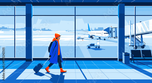 A lone traveler walks through a snowy airport terminal with a cityscape outside.