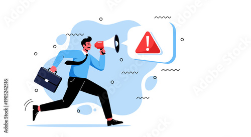 Man in a hurry with a briefcase and a warning sign nearby.