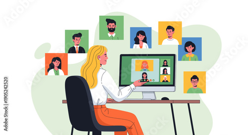 A woman participating in a virtual meeting with multiple participants on her computer screen.