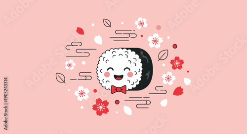 A cartoon sushi roll with a smiling face, wearing a bow tie surrounded by flowers and leaves from an overhead viewpoint