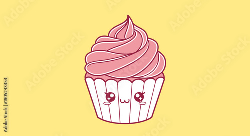 A cartoon cupcake with pink frosting and a smiling face on a yellow background viewed from the front.