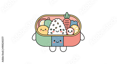 A cartoon lunch box with smiling characters inside viewed from the front with handles on the sides