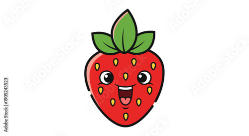 A cartoon strawberry with a smiling face and green leaves on a simple background from a front viewpoint.
